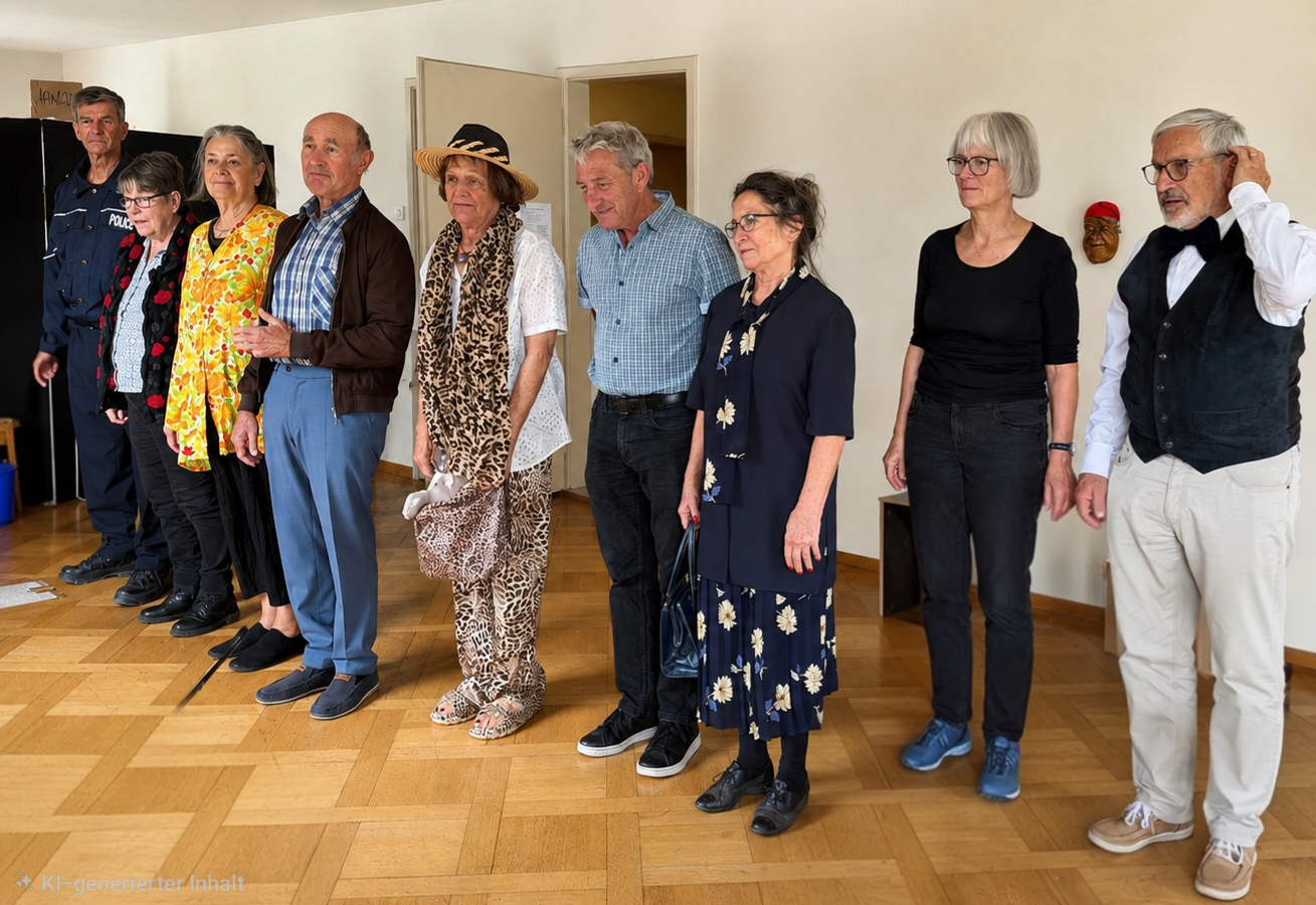 Erwachsene Theaterspielerinnen und Theaterspieler bei einem gemeinsamen Auftritt